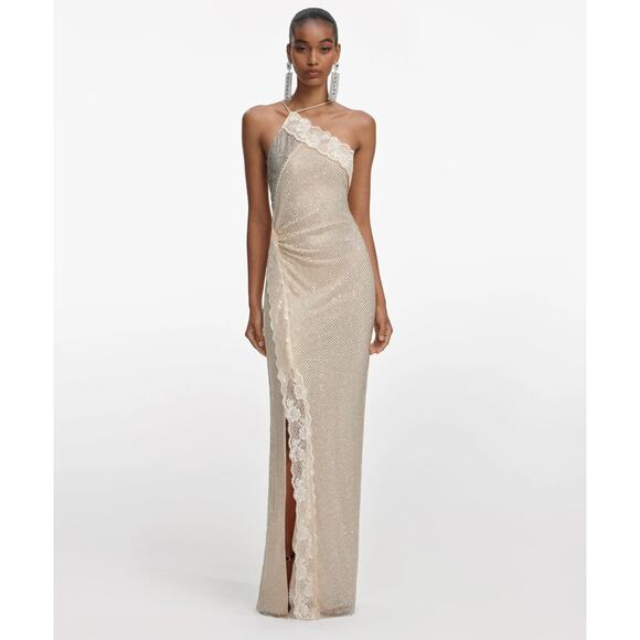 Self-Portrait Champagne Rhinestone Lace Trim Maxi Dress US 2 - Picture 1 of 10
